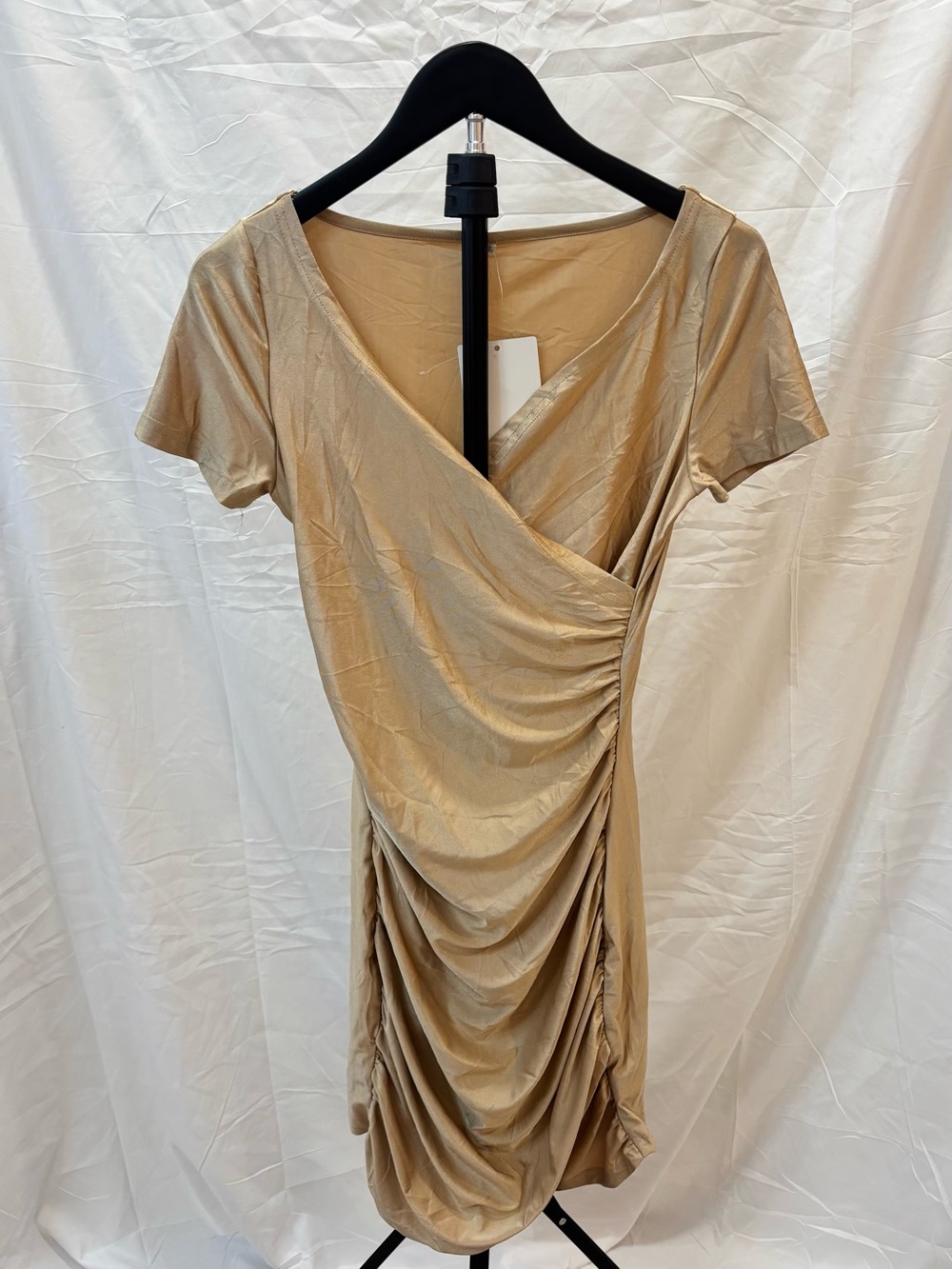 Champagne Gold Ruched Wrap Midi Dress – Size Small